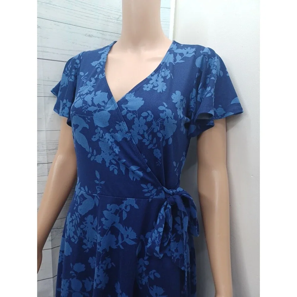 Fortune + Ivy High Low Blue Floral Dress Half Wrap Style Sz L Stretch